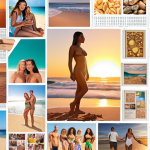 **Vision Board:** A vibrant collage with images representing career success, financial abundance, loving relationships, and personal well-being, set against a backdrop of a serene Brazilian beach at sunset. Include positive affirmations written in Portuguese.