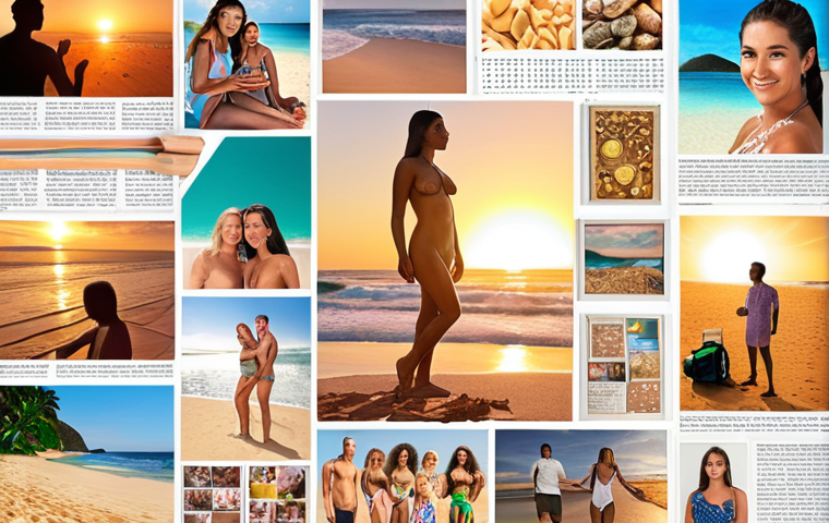 **Vision Board:** A vibrant collage with images representing career success, financial abundance, loving relationships, and personal well-being, set against a backdrop of a serene Brazilian beach at sunset. Include positive affirmations written in Portuguese.